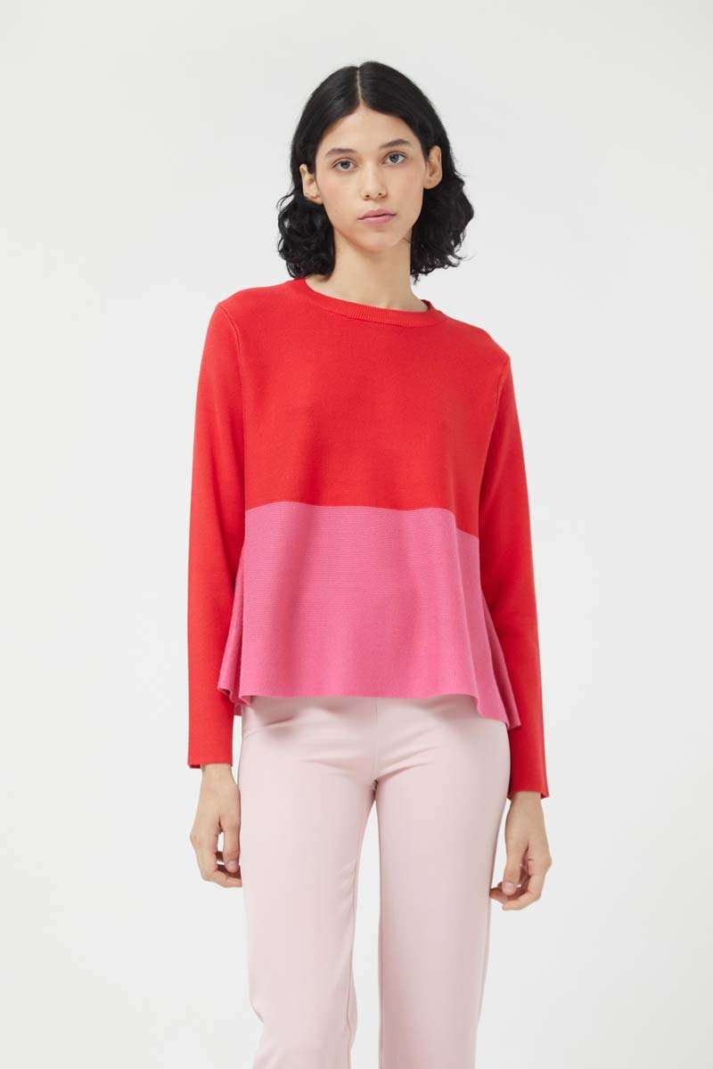 Red color block flared knit sweater.  
